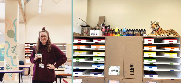 teacher with mural and open shelving
