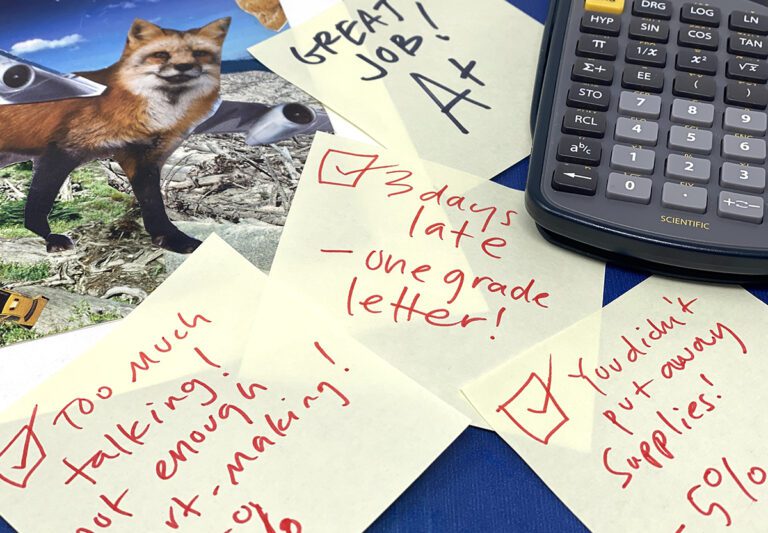 sticky notes with comments and calculator