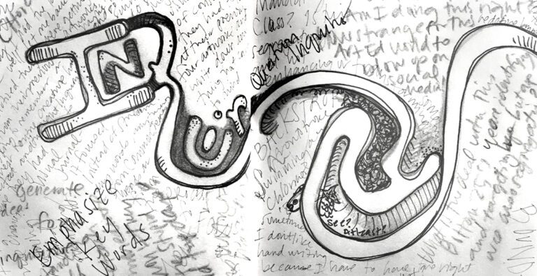 sketchbook spread of writing and doodling
