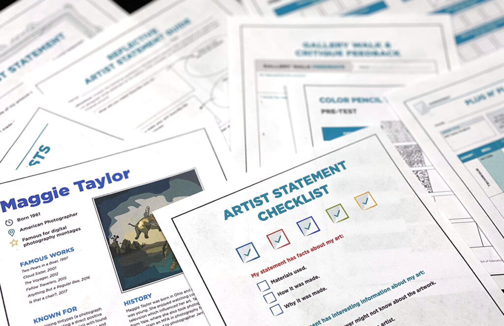 scattered blank worksheets with artist statement checklist