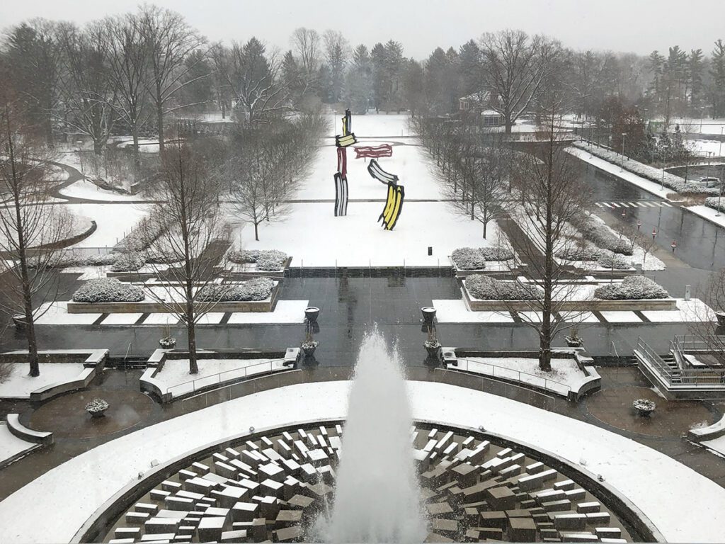 outdoor sculptures in snow landscape