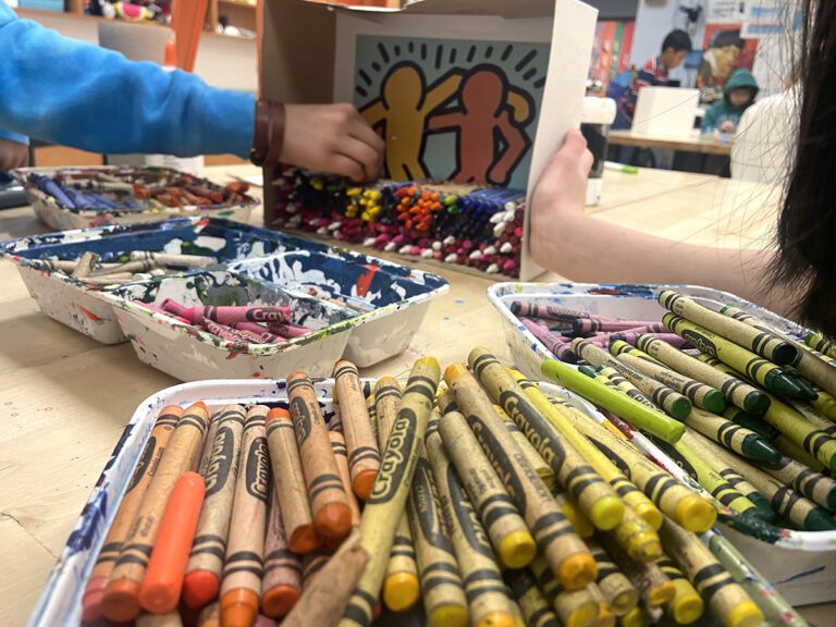 students working crayon mosaic