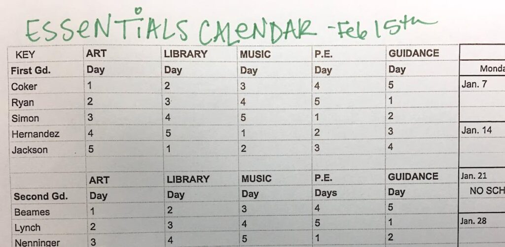 calendar with word "essentials" on it